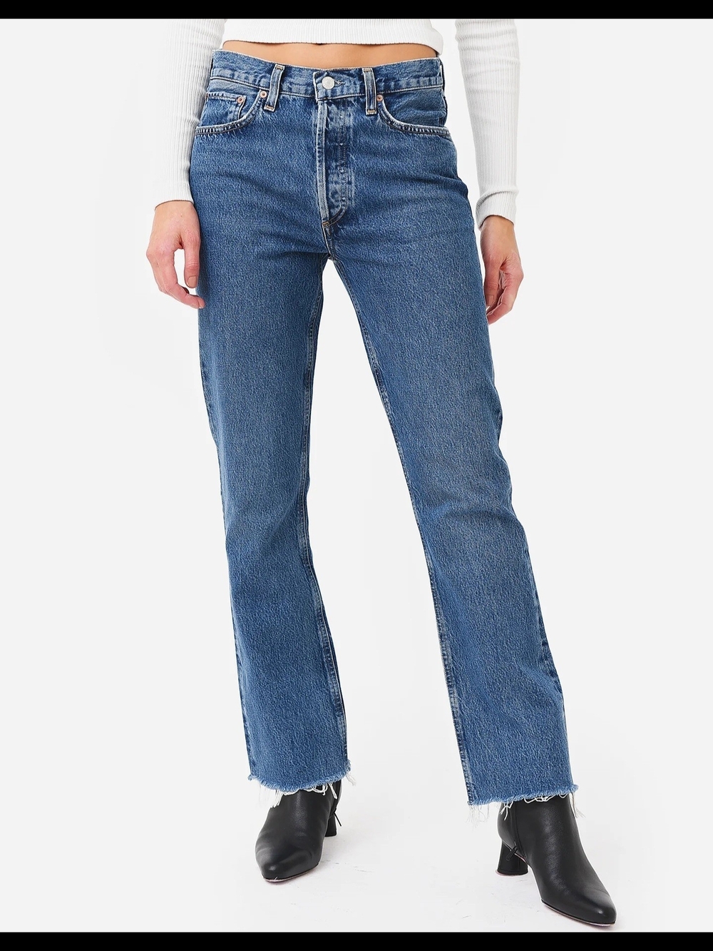 Agolde Dark Indigo Mid Rise Bootcut Jeans with Raw Hem